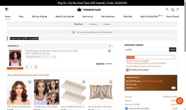 Wiggins Hair checkout page showing Wiggins Hair coupon code box | Screenshot taken by SimplyCodes community member on Sep 4, 2025