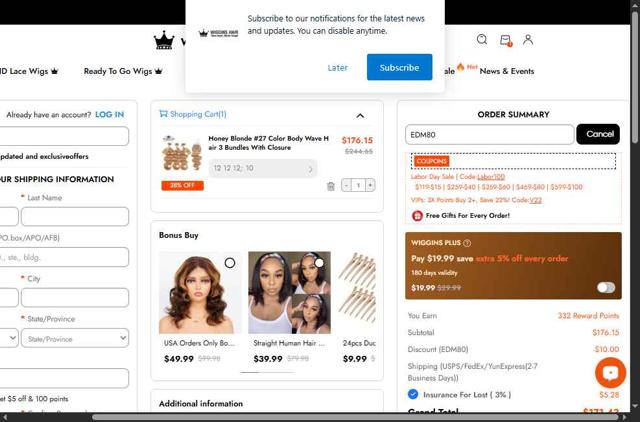 Wiggins Hair checkout page showing Wiggins Hair coupon code box | Screenshot taken by SimplyCodes community member on Sep 1, 2025