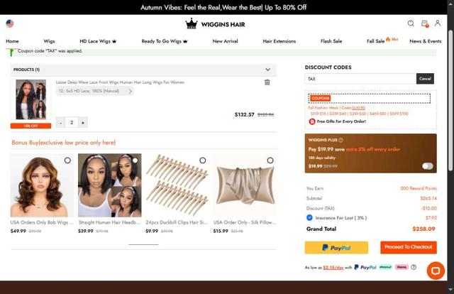 Wiggins Hair checkout page showing Wiggins Hair coupon code box | Screenshot taken by SimplyCodes community member on Sep 12, 2025
