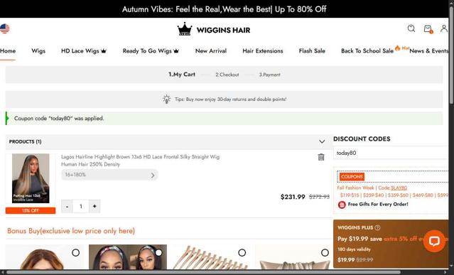 Wiggins Hair checkout page showing Wiggins Hair coupon code box | Screenshot taken by SimplyCodes community member on Sep 8, 2025