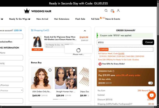 Wiggins Hair checkout page showing Wiggins Hair coupon code box | Screenshot taken by SimplyCodes community member on Sep 10, 2025