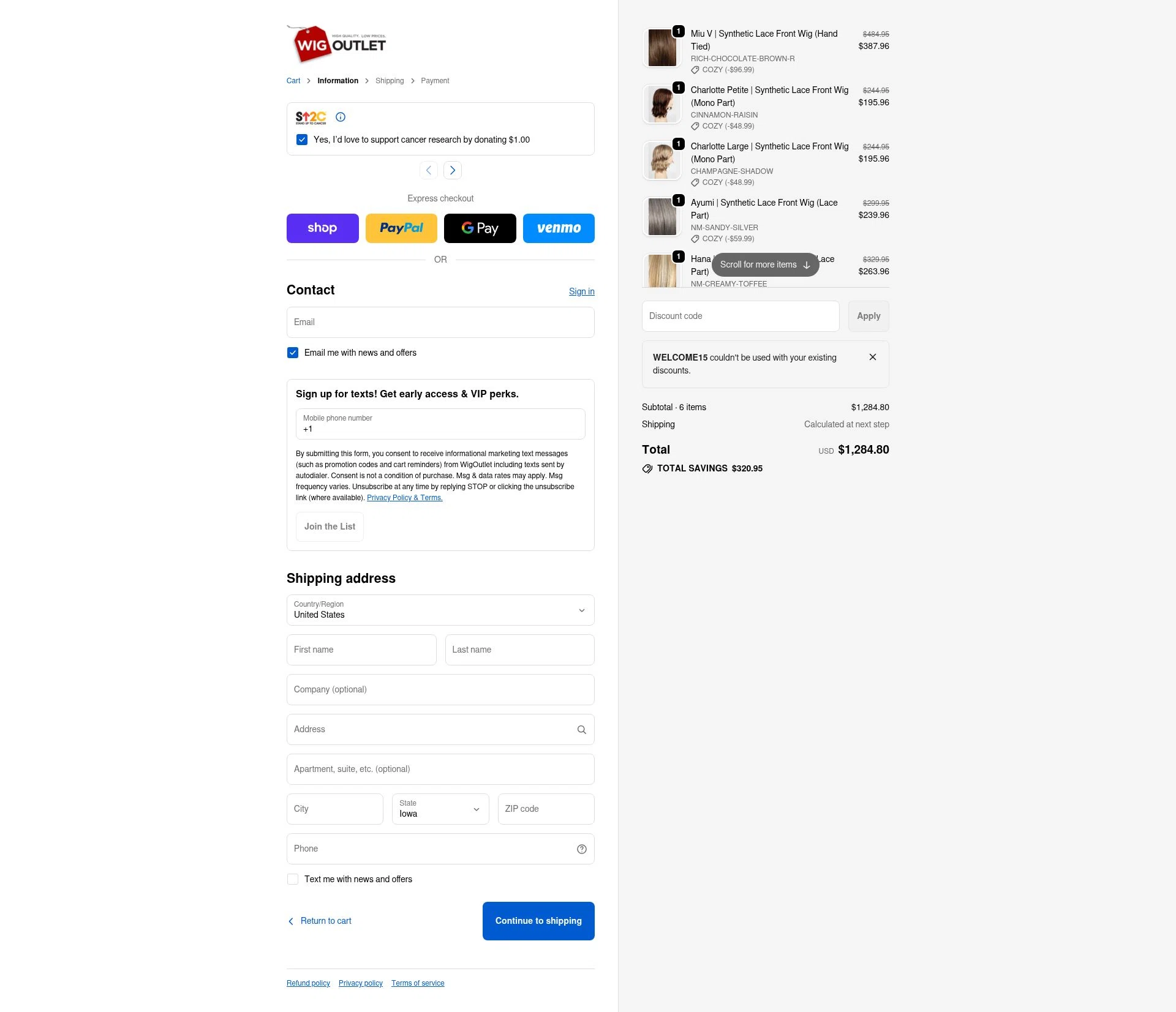 WigOutlet.com checkout page showing WigOutlet.com discount code box | Screenshot taken by SimplyCodes community member on Dec 23, 2025
