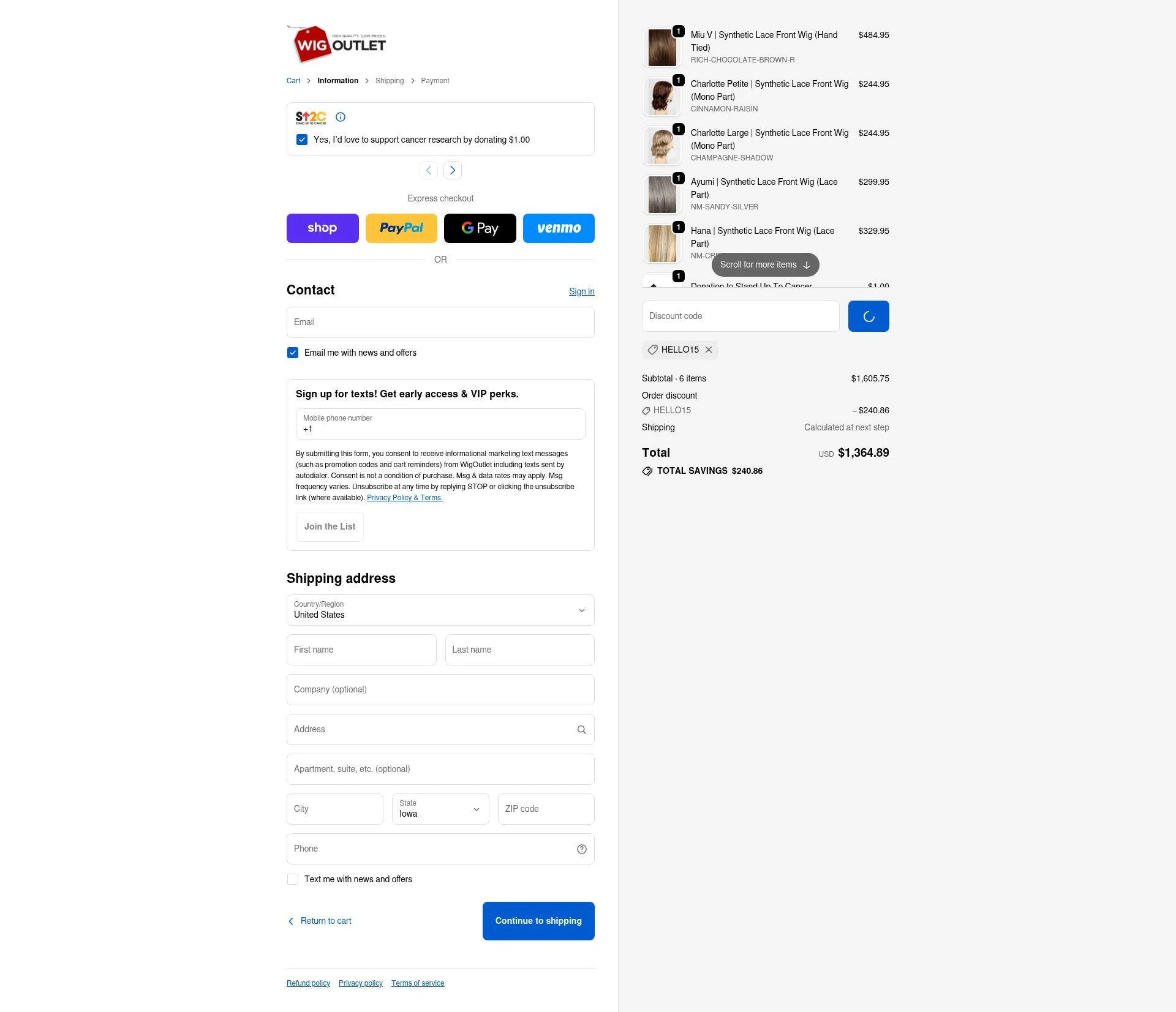 WigOutlet.com checkout page showing WigOutlet.com discount code box | Screenshot taken by SimplyCodes community member on Dec 28, 2025