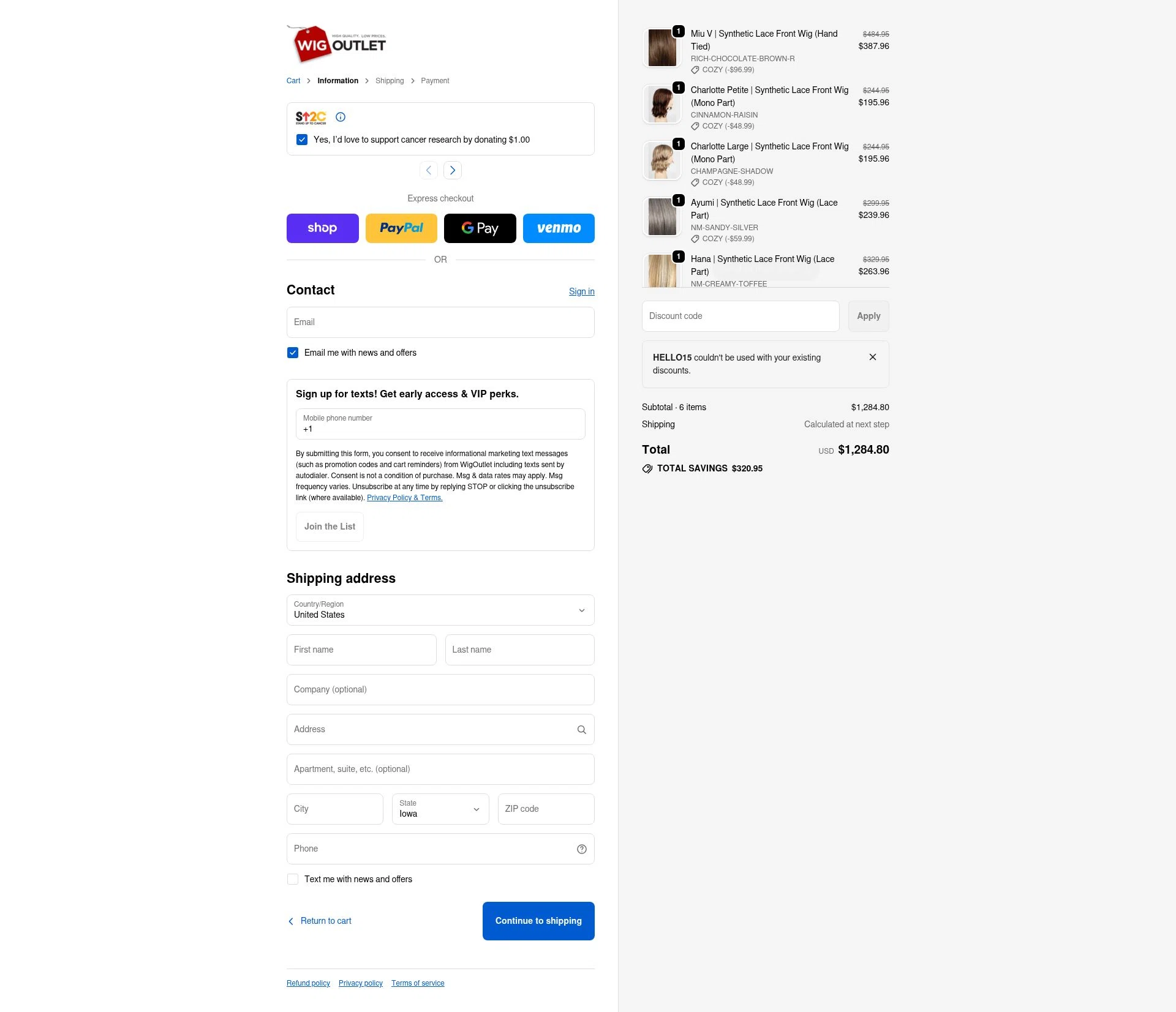 WigOutlet.com checkout page showing WigOutlet.com discount code box | Screenshot taken by SimplyCodes community member on Dec 23, 2025