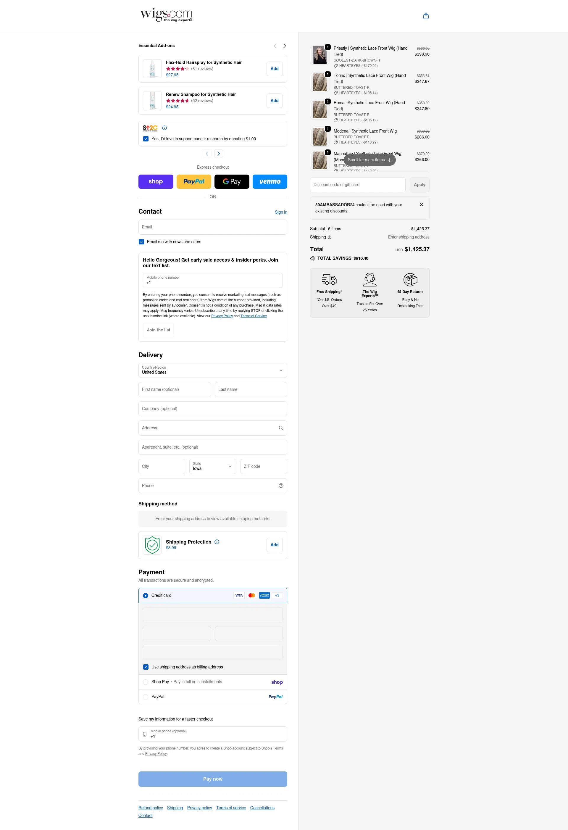 Wigs.com checkout page showing Wigs.com promo code box | Screenshot taken by SimplyCodes community member on Feb 9, 2026