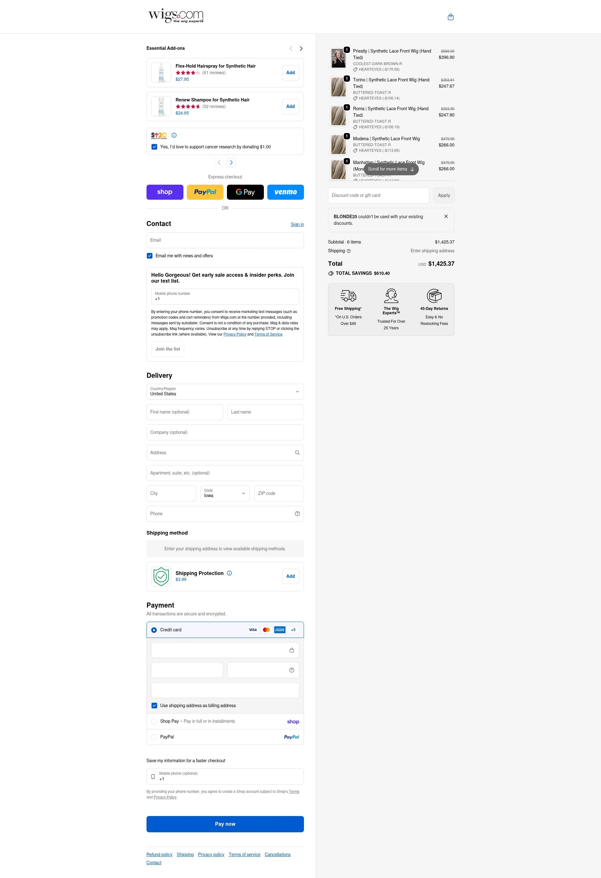 Wigs.com checkout page showing Wigs.com promo code box | Screenshot taken by SimplyCodes community member on Feb 9, 2026