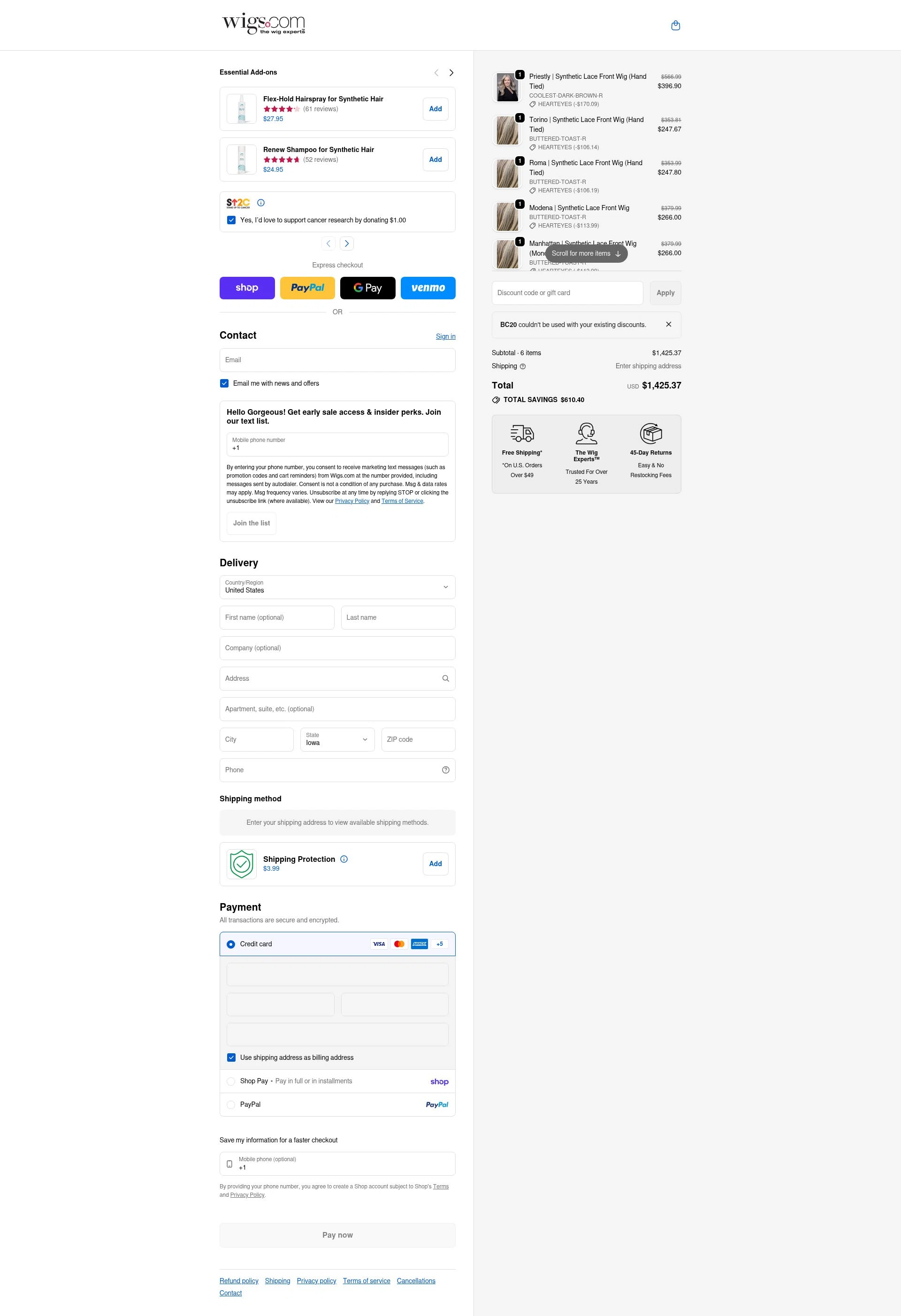Wigs.com checkout page showing Wigs.com promo code box | Screenshot taken by SimplyCodes community member on Feb 9, 2026
