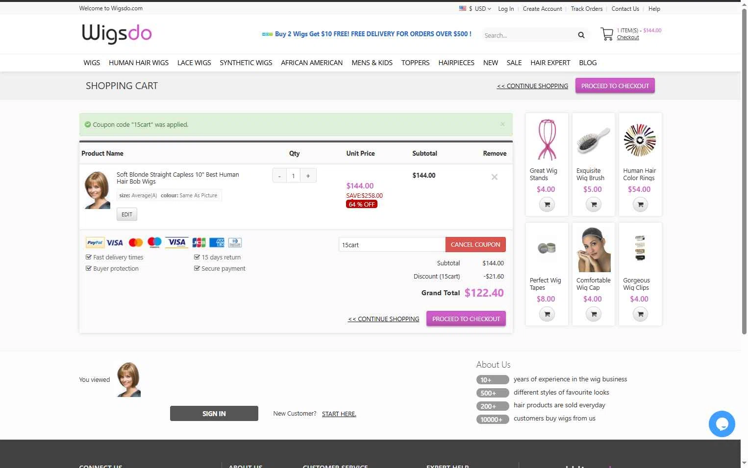 WigsDo checkout page showing WigsDo coupon code box | Screenshot taken by SimplyCodes community member on Jan 5, 2026
