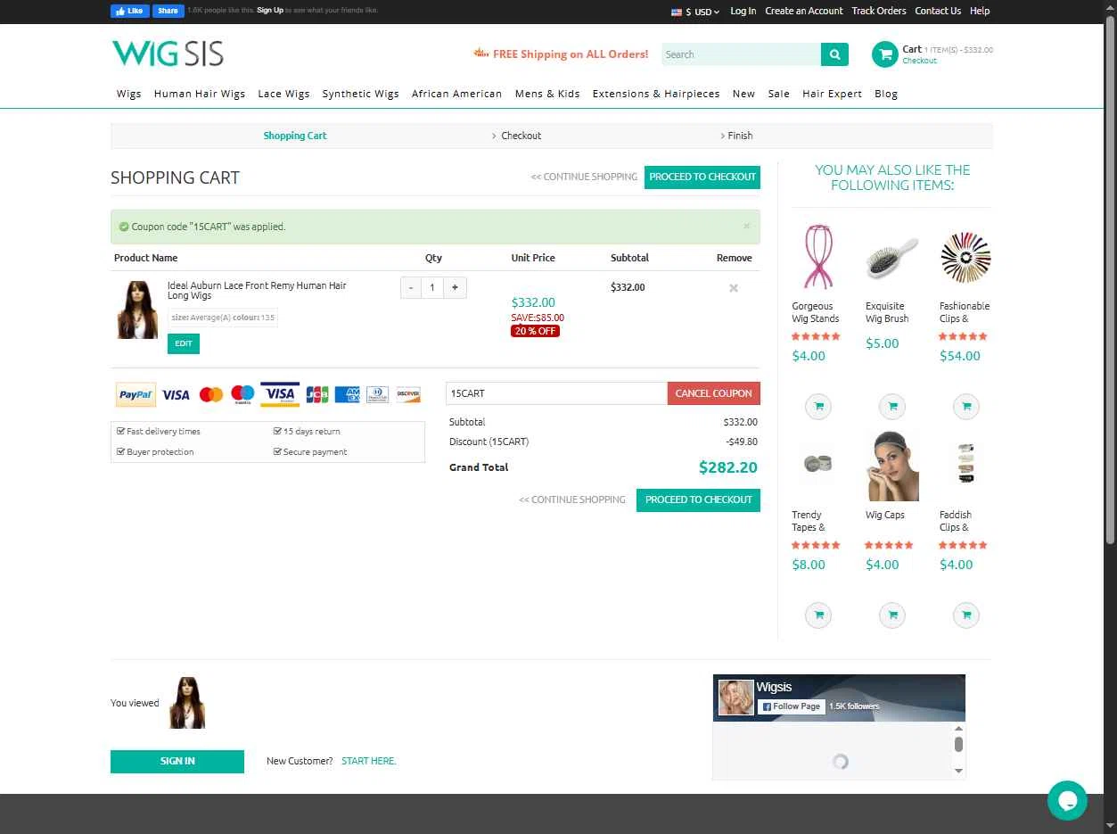 Wigsis.com checkout page showing Wigsis.com coupon code box | Screenshot taken by SimplyCodes community member on Oct 23, 2025