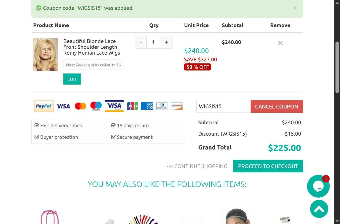 Wigsis.com checkout page showing Wigsis.com coupon code box | Screenshot taken by SimplyCodes community member on Oct 23, 2025
