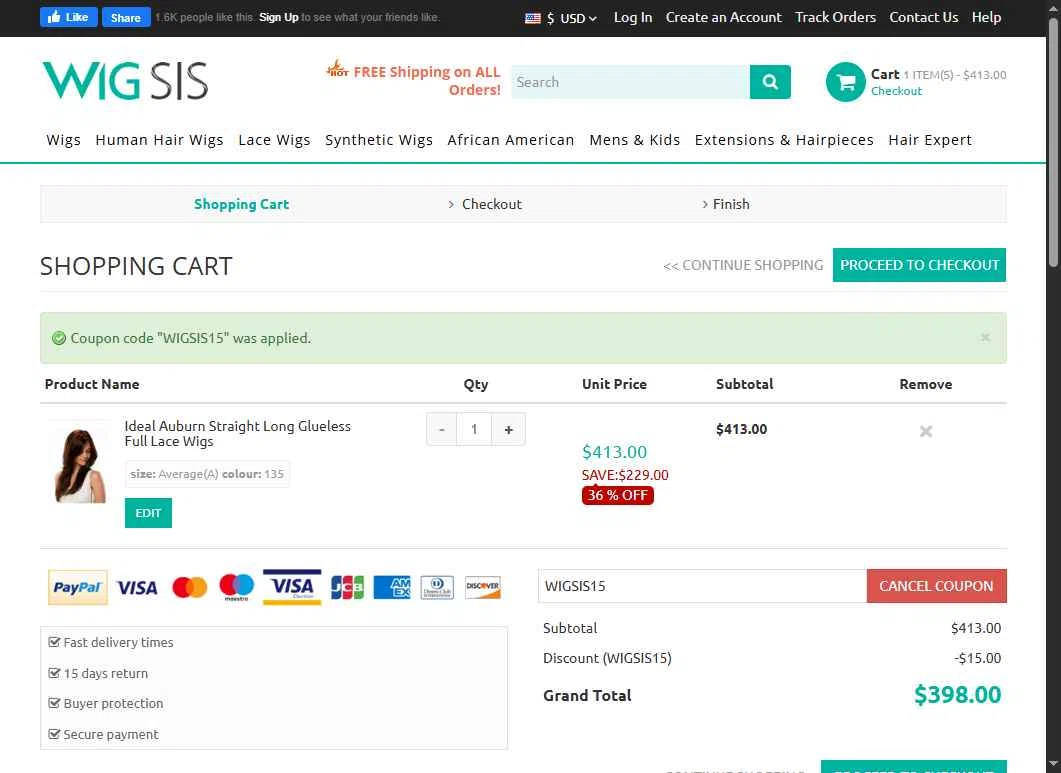 Wigsis.com checkout page showing Wigsis.com coupon code box | Screenshot taken by SimplyCodes community member on Sep 20, 2025