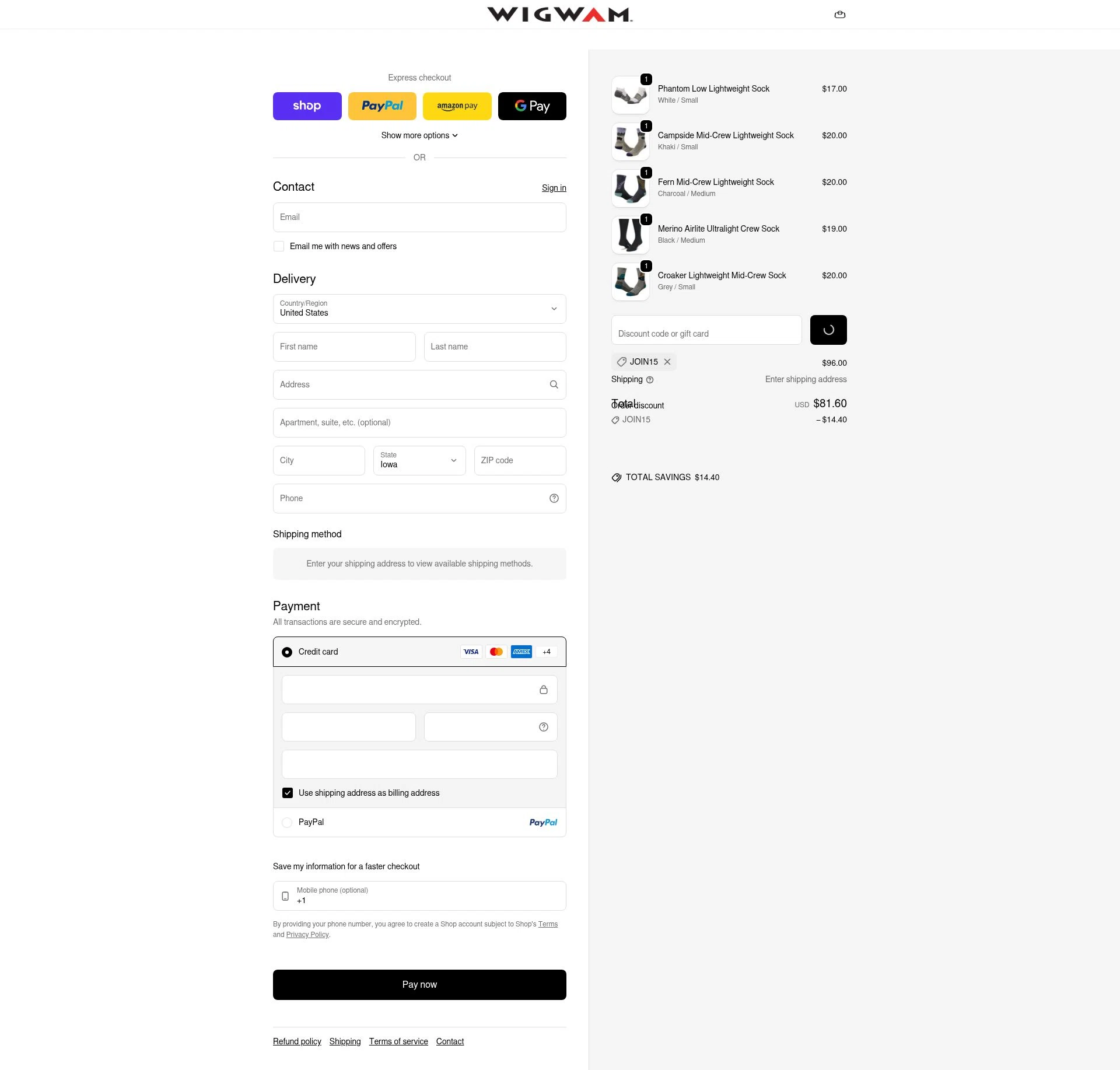 Wigwam checkout page showing Wigwam discount code box | Screenshot taken by SimplyCodes community member on Feb 9, 2026