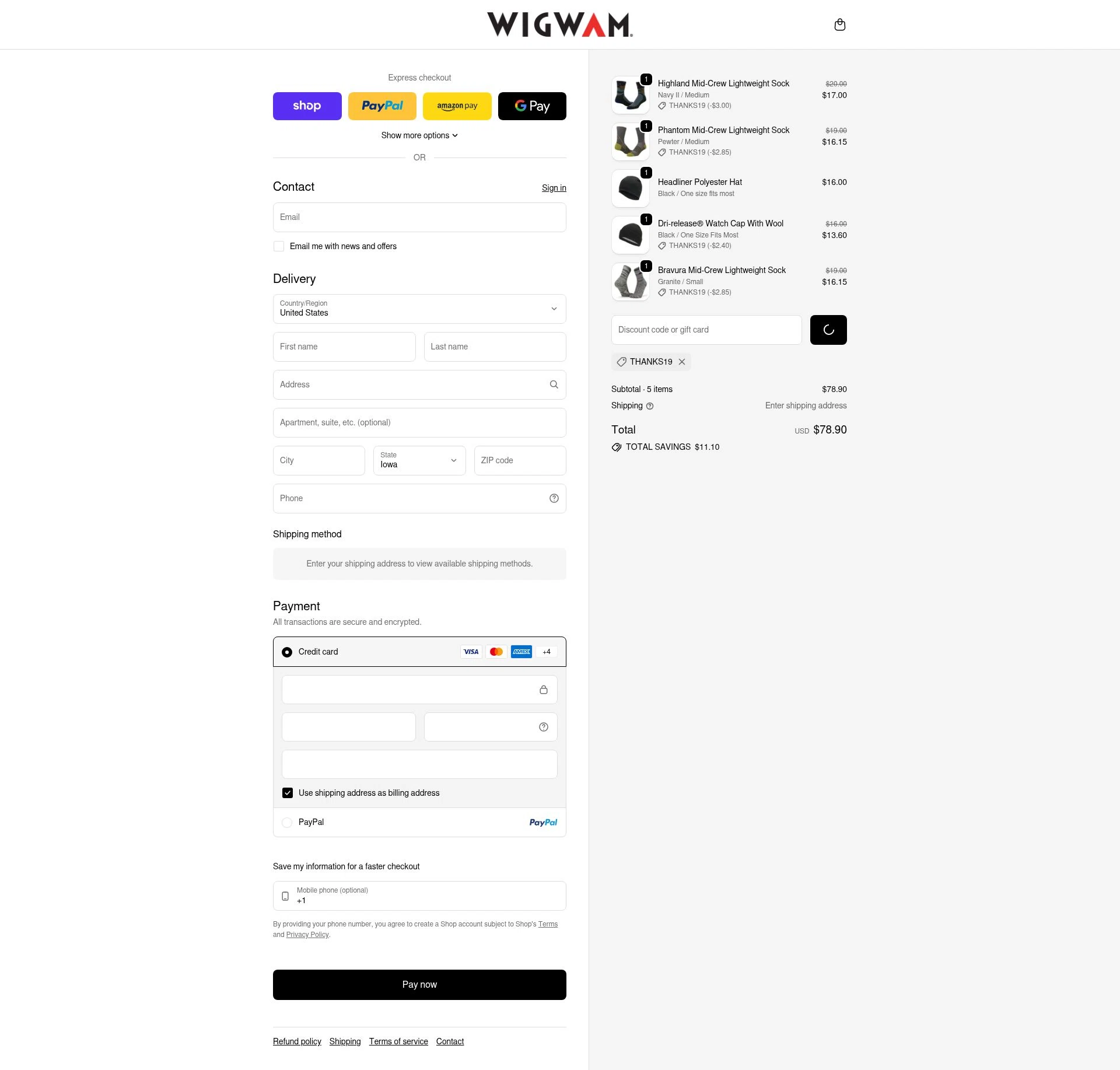 Wigwam checkout page showing Wigwam discount code box | Screenshot taken by SimplyCodes community member on Feb 18, 2026