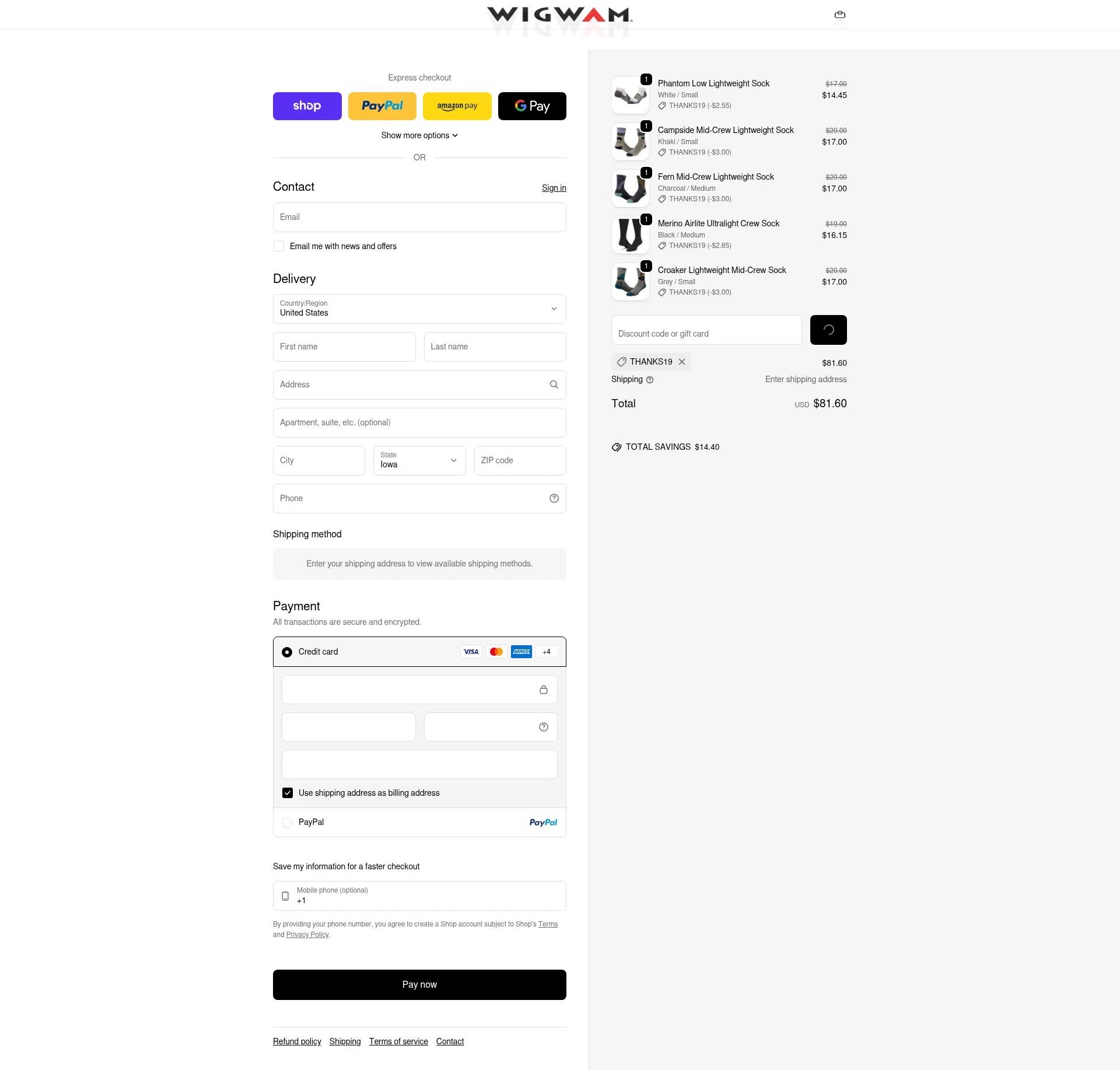 Wigwam checkout page showing Wigwam discount code box | Screenshot taken by SimplyCodes community member on Feb 13, 2026