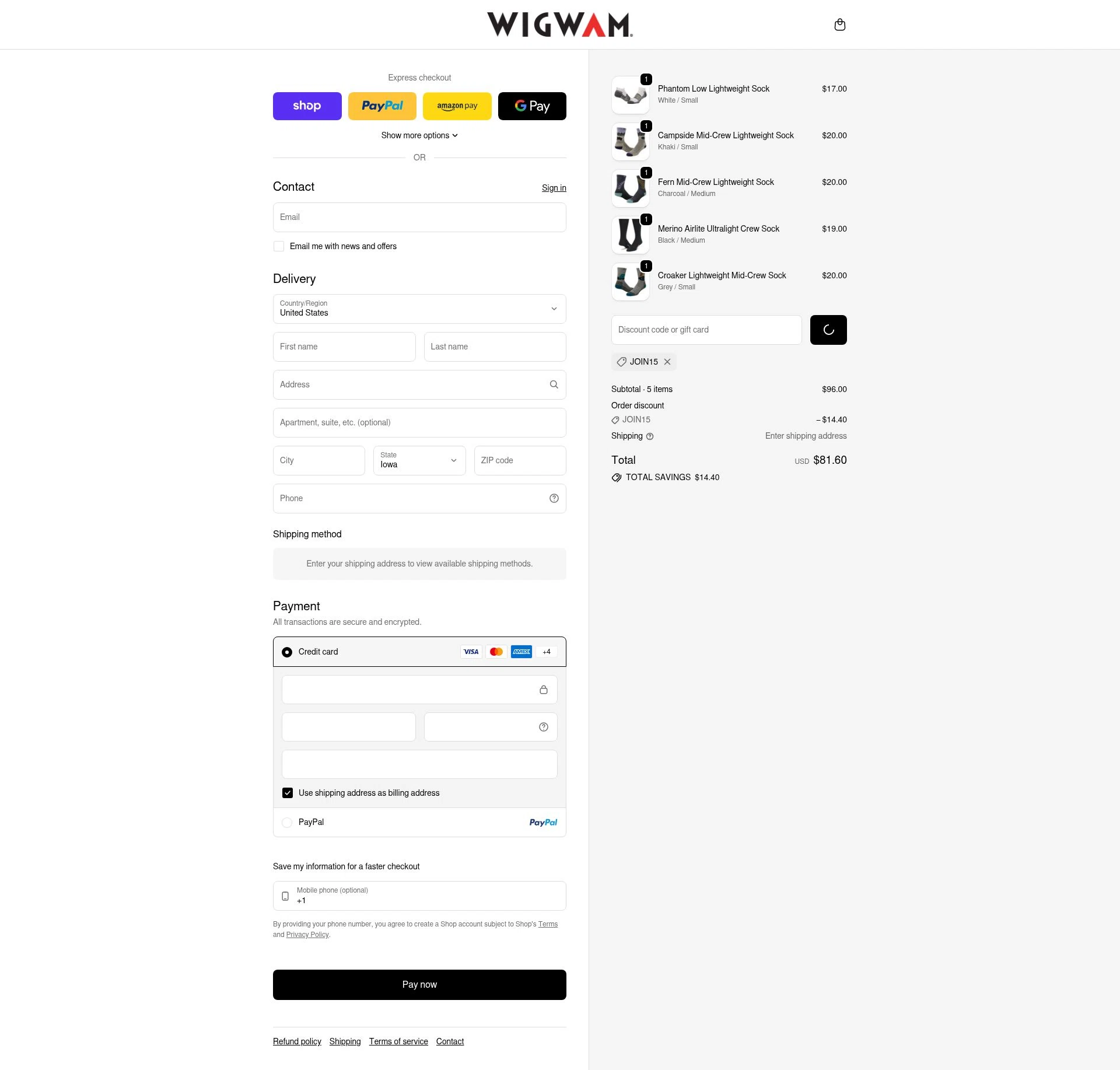 Wigwam checkout page showing Wigwam discount code box | Screenshot taken by SimplyCodes community member on Feb 13, 2026