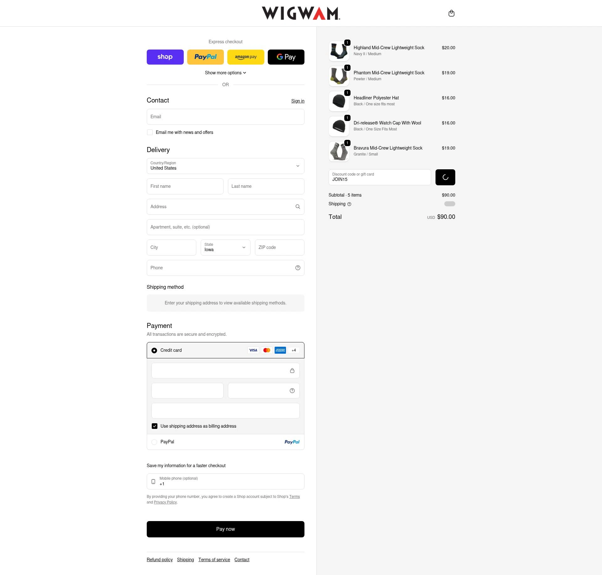 Wigwam checkout page showing Wigwam discount code box | Screenshot taken by SimplyCodes community member on Feb 18, 2026