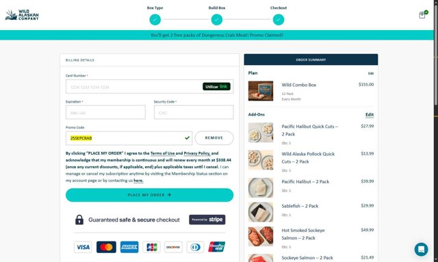 Wild Alaskan Company checkout page showing Wild Alaskan Company promo code box | Screenshot taken by SimplyCodes community member on Sep 3, 2025