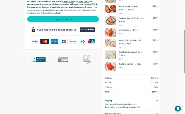 Wild Alaskan Company checkout page showing Wild Alaskan Company promo code box | Screenshot taken by SimplyCodes community member on Aug 29, 2025