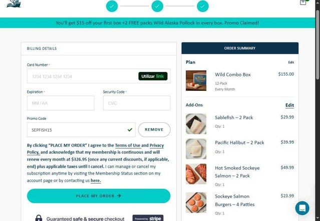 Wild Alaskan Company checkout page showing Wild Alaskan Company promo code box | Screenshot taken by SimplyCodes community member on Sep 5, 2025