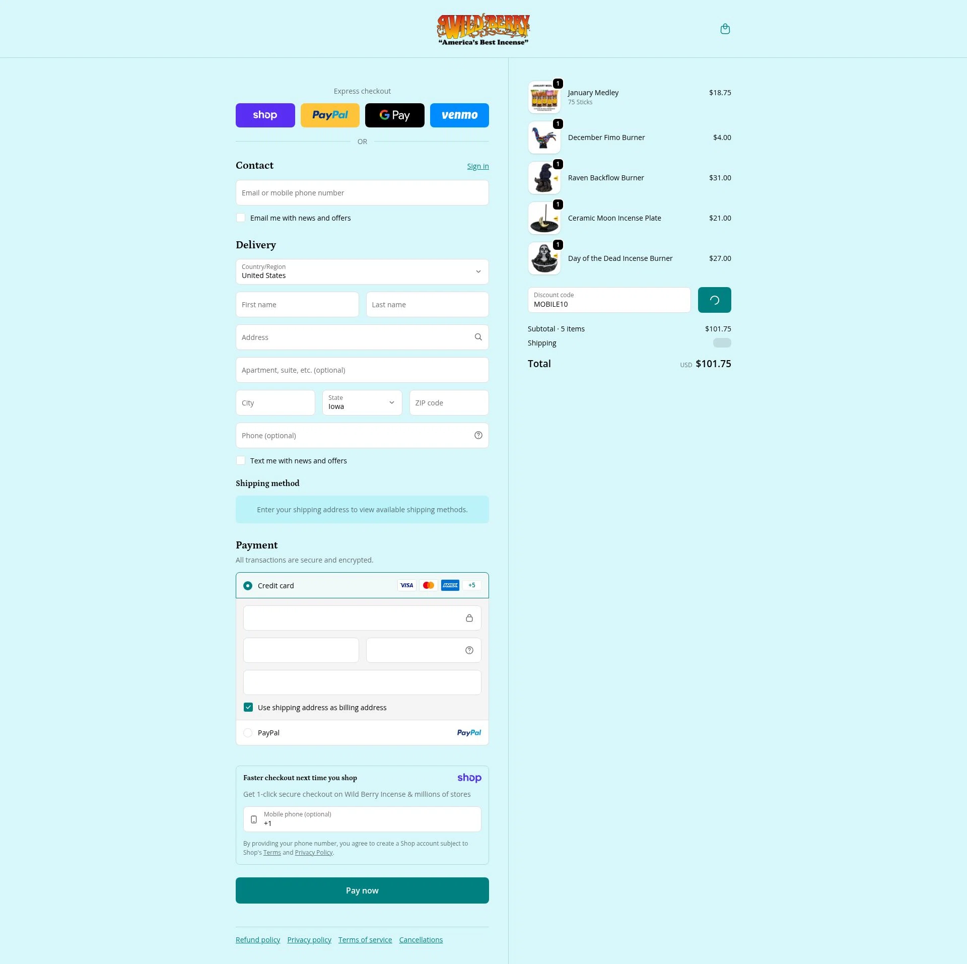 Wild Berry Incense checkout page showing Wild Berry Incense promo code box | Screenshot taken by SimplyCodes community member on Jan 19, 2026