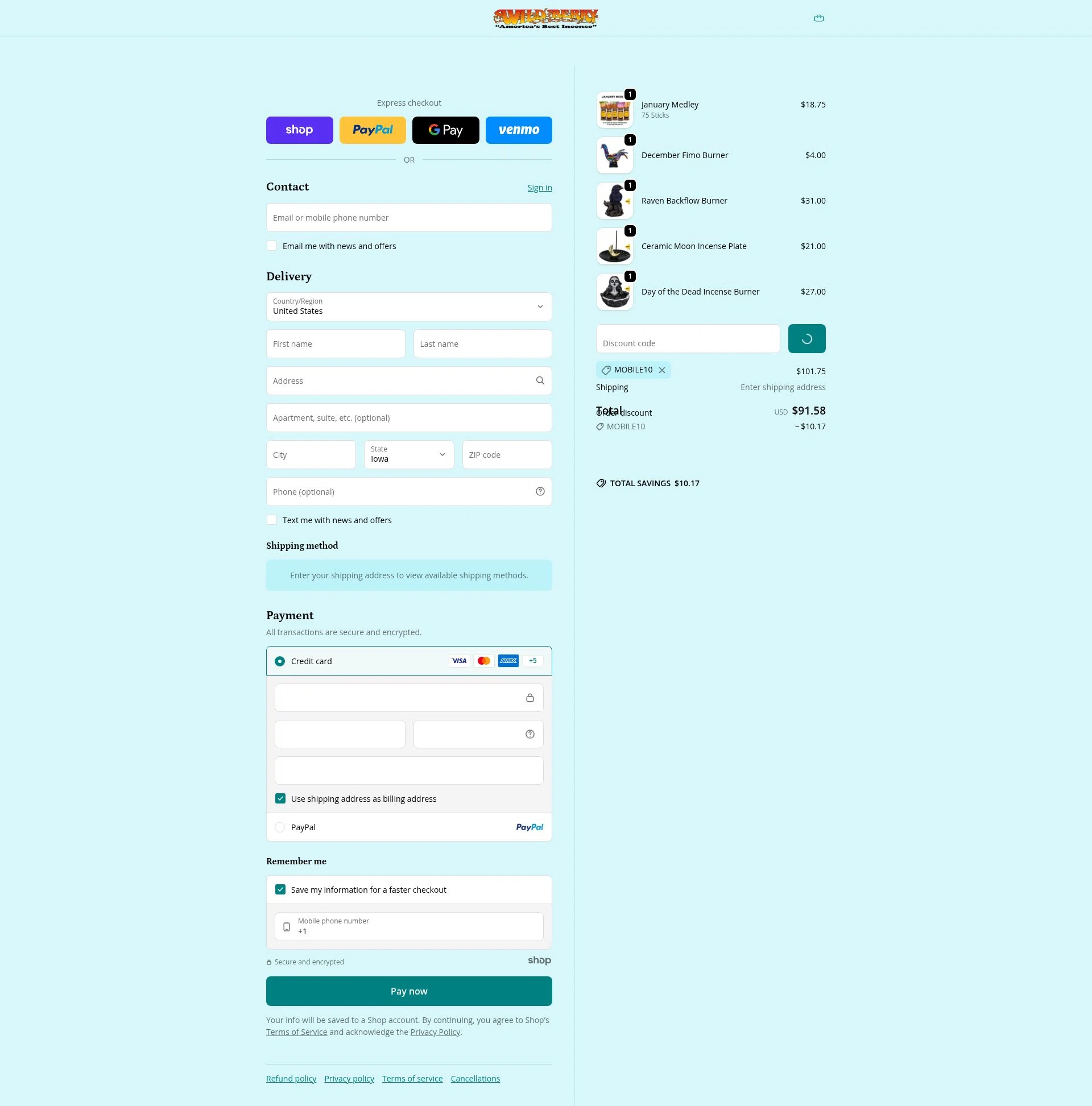 Wild Berry Incense checkout page showing Wild Berry Incense promo code box | Screenshot taken by SimplyCodes community member on Jan 4, 2026
