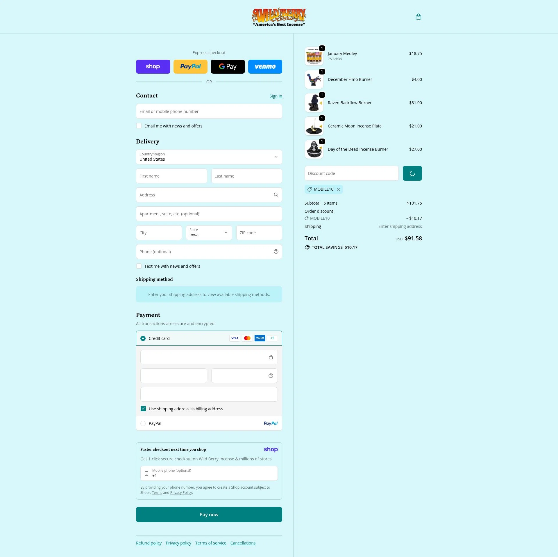 Wild Berry Incense checkout page showing Wild Berry Incense promo code box | Screenshot taken by SimplyCodes community member on Jan 9, 2026