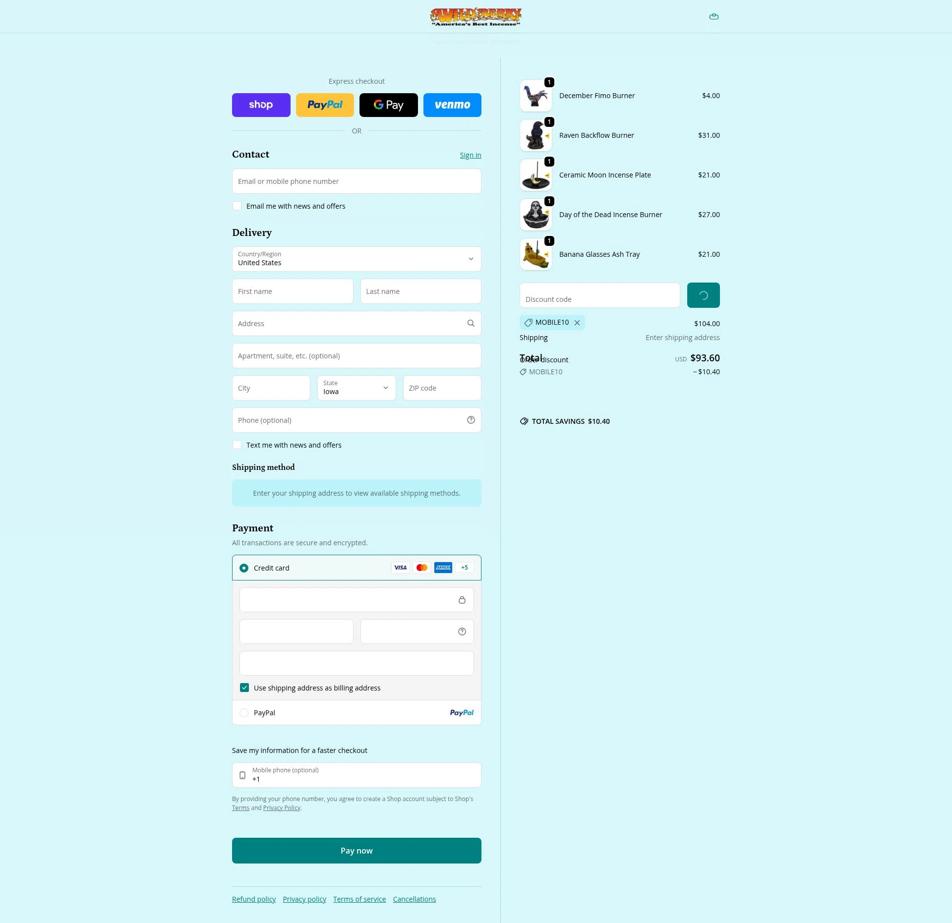 Wild Berry Incense checkout page showing Wild Berry Incense promo code box | Screenshot taken by SimplyCodes community member on Feb 6, 2026