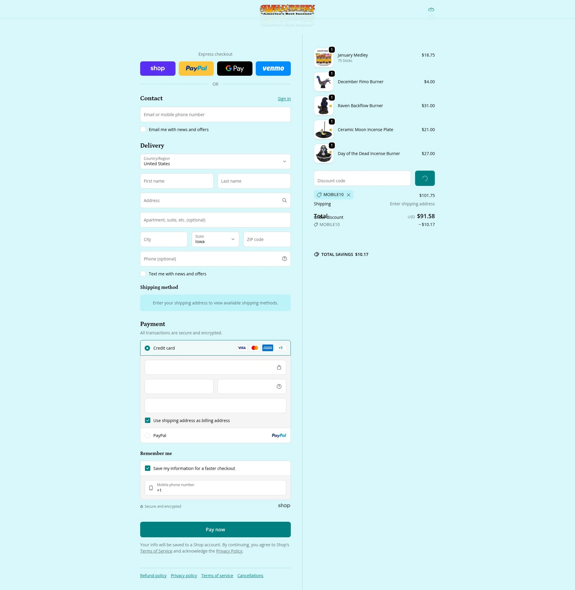 Wild Berry Incense checkout page showing Wild Berry Incense promo code box | Screenshot taken by SimplyCodes community member on Jan 24, 2026