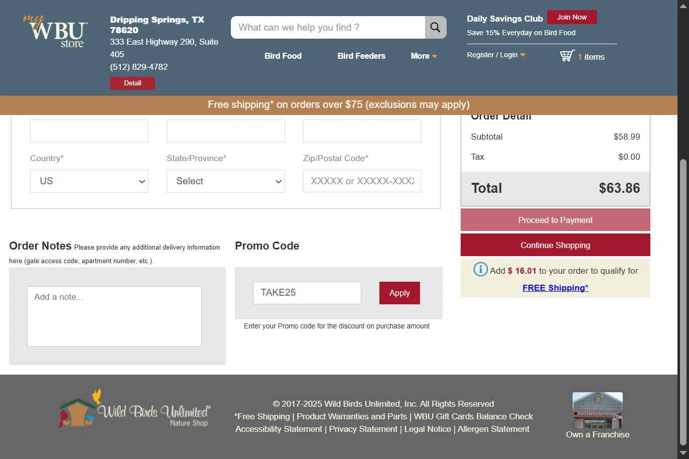 Wild Birds Unlimited checkout page showing Wild Birds Unlimited promo code box | Screenshot taken by SimplyCodes community member on Dec 15, 2025