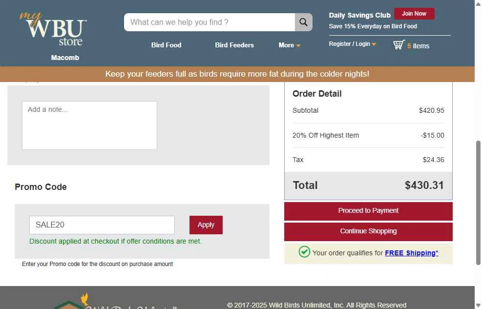 Wild Birds Unlimited checkout page showing Wild Birds Unlimited promo code box | Screenshot taken by SimplyCodes community member on Dec 24, 2025