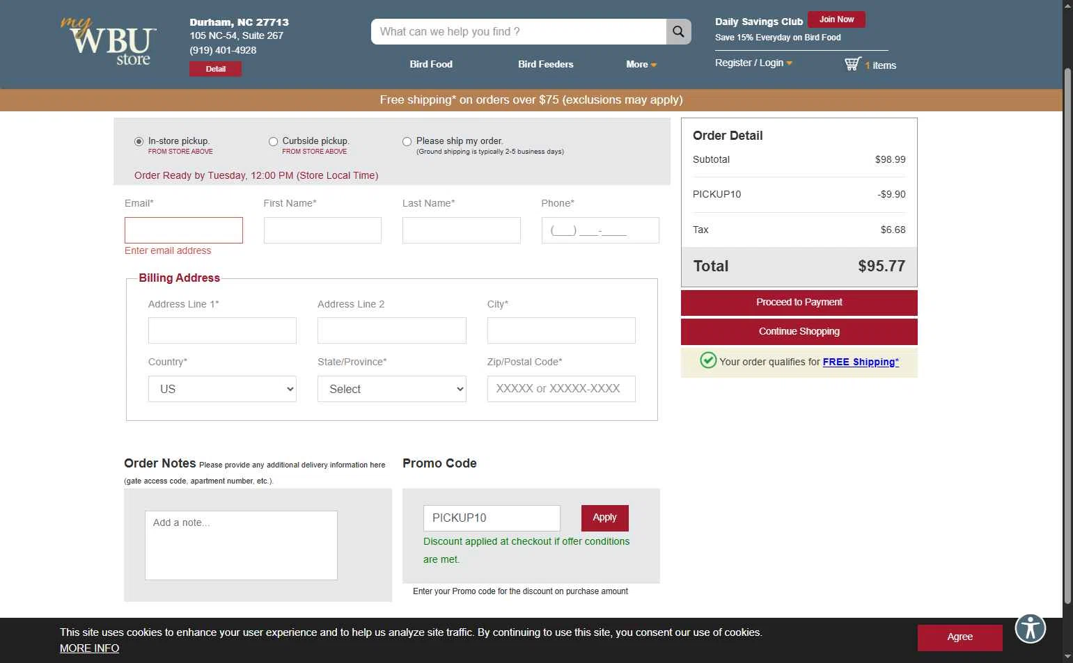 Wild Birds Unlimited checkout page showing Wild Birds Unlimited promo code box | Screenshot taken by SimplyCodes community member on Jan 27, 2026