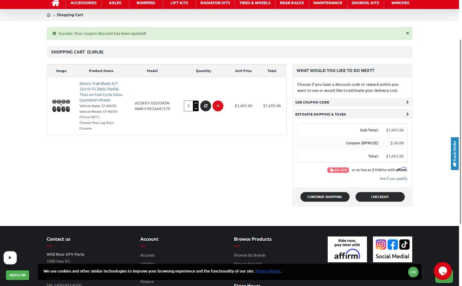 Wild Boar ATV Parts checkout page showing Wild Boar ATV Parts coupon code box | Screenshot taken by SimplyCodes community member on Jan 22, 2026