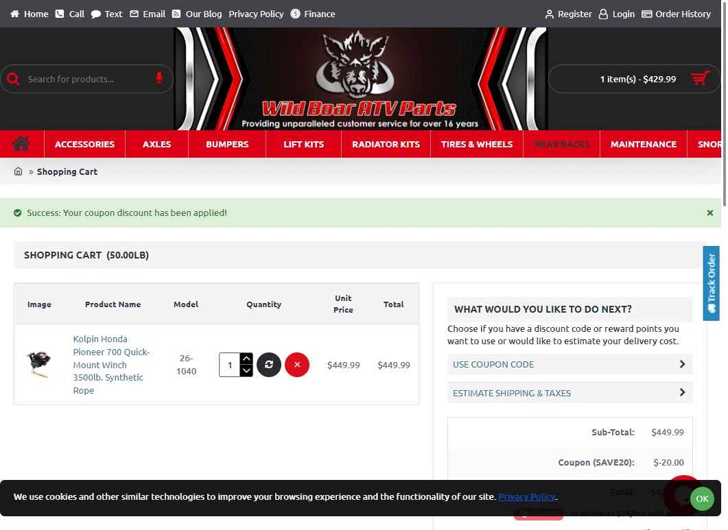 Wild Boar ATV Parts checkout page showing Wild Boar ATV Parts coupon code box | Screenshot taken by SimplyCodes community member on Oct 17, 2025