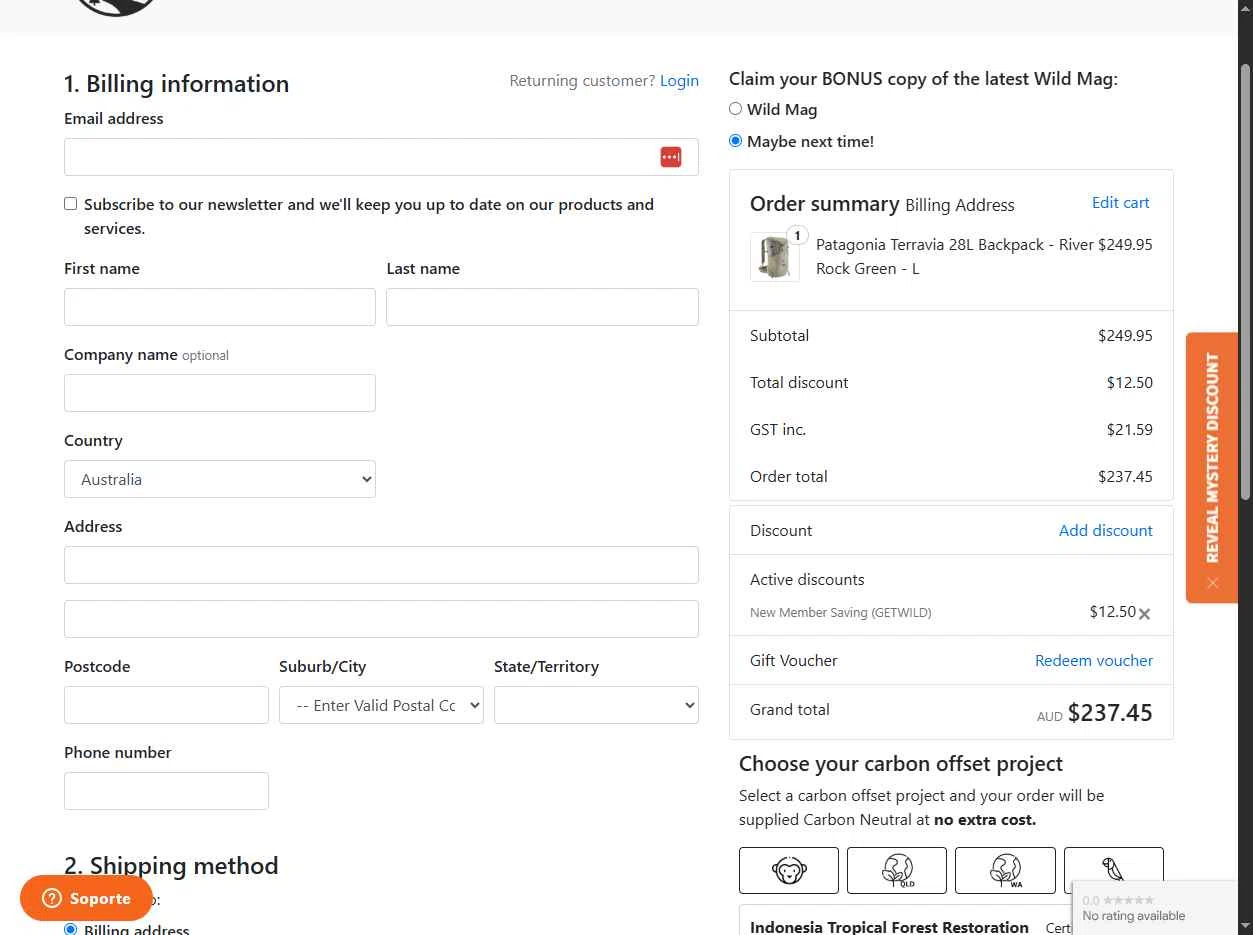Wildearth AU checkout page showing Wildearth AU promo code box | Screenshot taken by SimplyCodes community member on May 10, 2025
