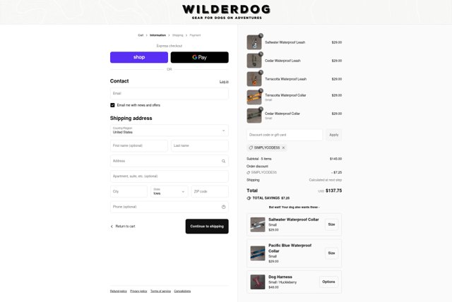 Wilderdog checkout page showing Wilderdog discount code box | Screenshot taken by SimplyCodes community member on Sep 3, 2025
