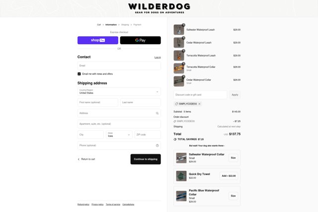 Wilderdog checkout page showing Wilderdog discount code box | Screenshot taken by SimplyCodes community member on Aug 22, 2025