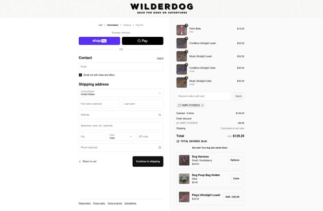 Wilderdog checkout page showing Wilderdog discount code box | Screenshot taken by SimplyCodes community member on Jul 31, 2025