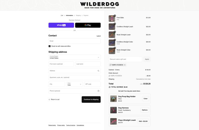 Wilderdog checkout page showing Wilderdog discount code box | Screenshot taken by SimplyCodes community member on Jul 27, 2025