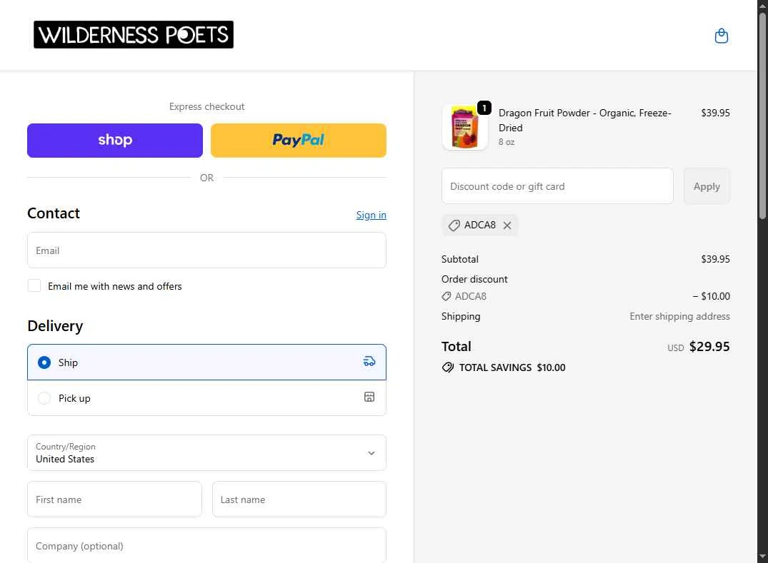 Wilderness Poets checkout page showing Wilderness Poets discount code box | Screenshot taken by SimplyCodes community member on Feb 7, 2026