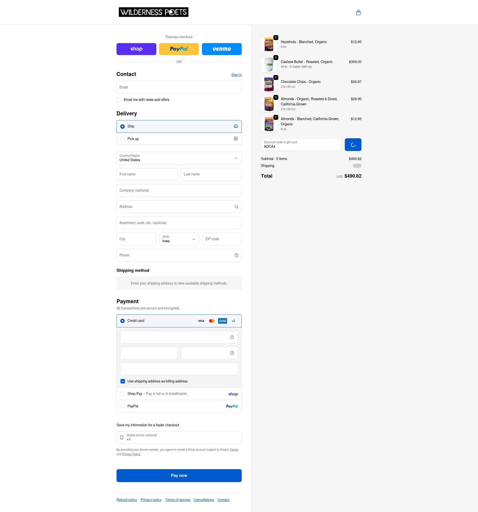 Wilderness Poets checkout page showing Wilderness Poets discount code box | Screenshot taken by SimplyCodes community member on Feb 8, 2026