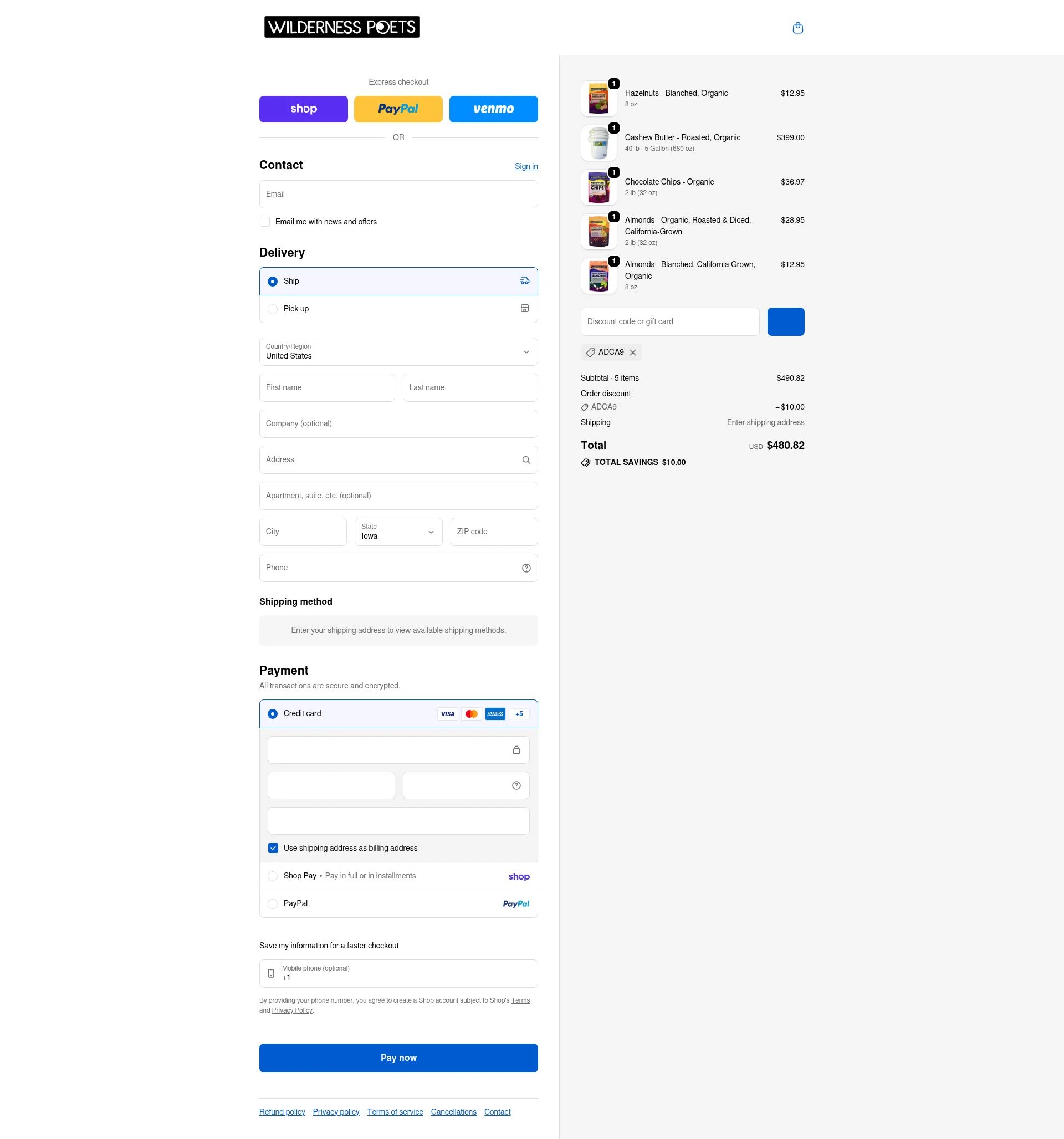 Wilderness Poets checkout page showing Wilderness Poets discount code box | Screenshot taken by SimplyCodes community member on Feb 8, 2026