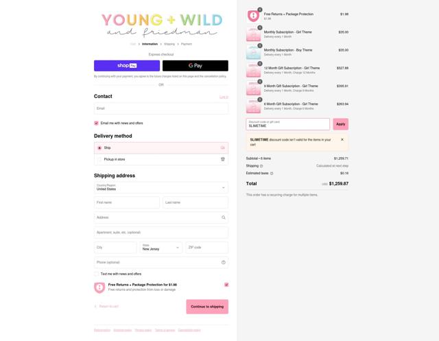 Young Wild and Friedman checkout page showing Young Wild and Friedman discount code box | Screenshot taken by SimplyCodes community member on Dec 31, 2024