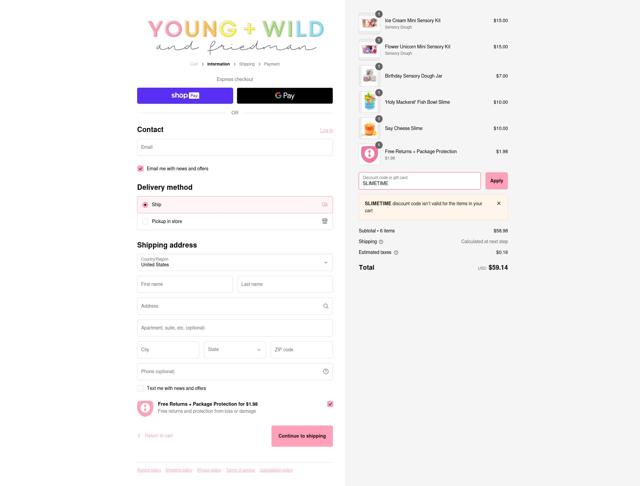 Young Wild and Friedman checkout page showing Young Wild and Friedman discount code box | Screenshot taken by SimplyCodes community member on Jan 3, 2025