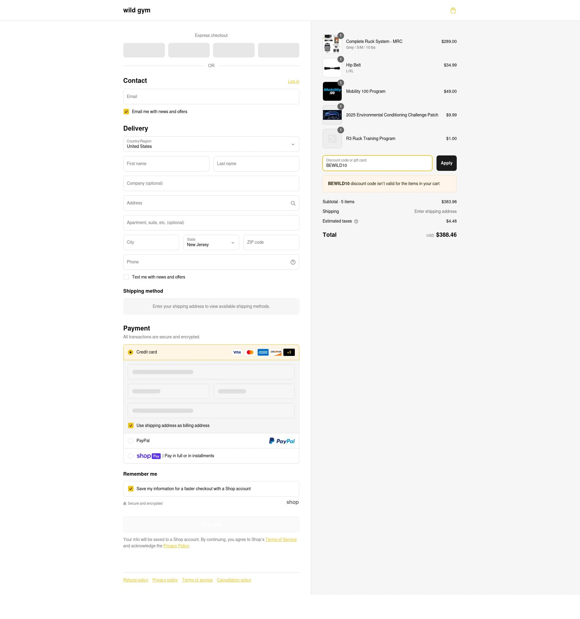 Wild Gym checkout page showing Wild Gym discount code box | Screenshot taken by SimplyCodes community member on Mar 8, 2025
