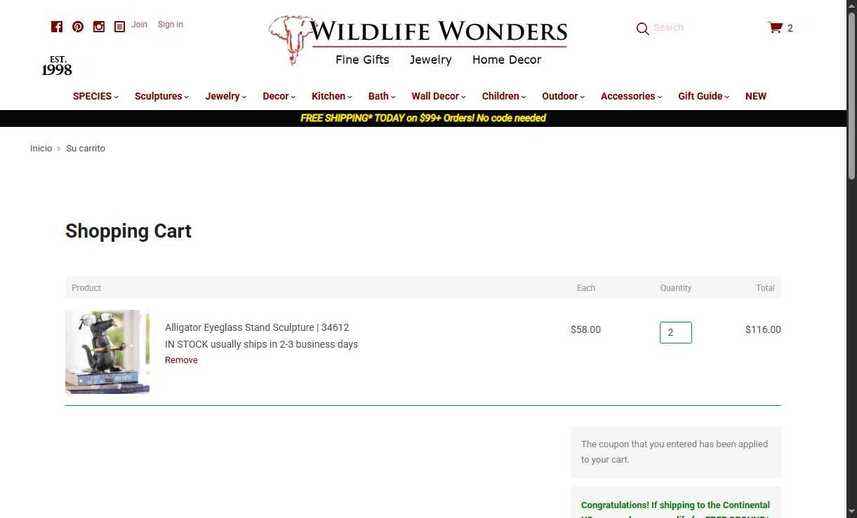Wildlife Wonders checkout page showing Wildlife Wonders coupon code box | Screenshot taken by SimplyCodes community member on May 18, 2025