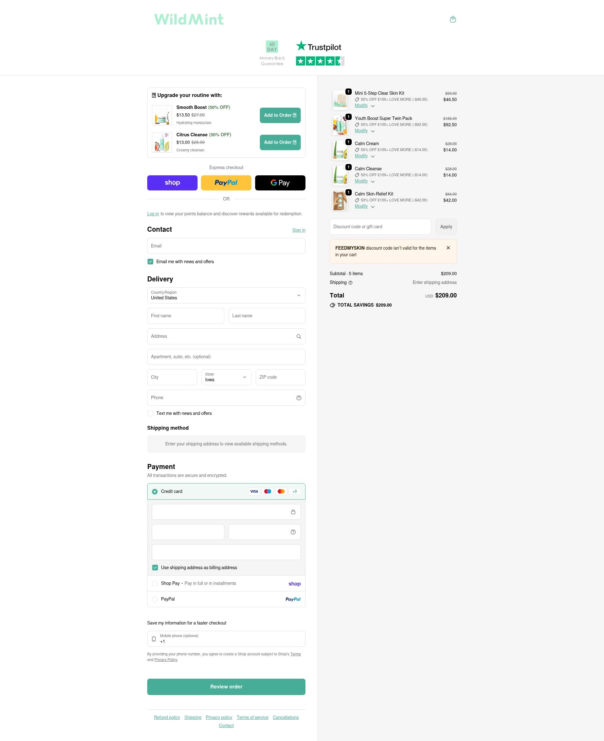 Wild Mint Cosmetics checkout page showing Wild Mint Cosmetics discount code box | Screenshot taken by SimplyCodes community member on Jan 31, 2026