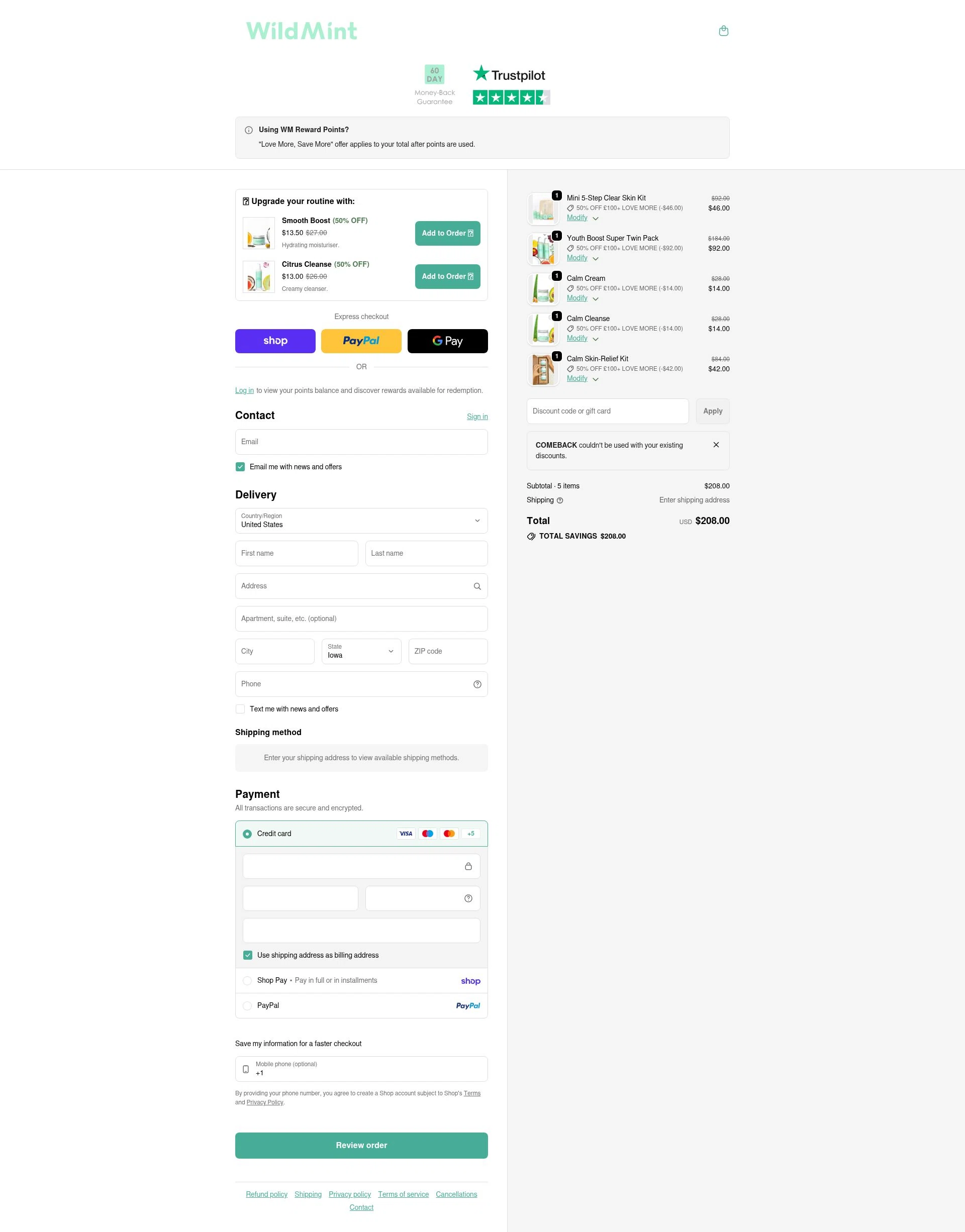 Wild Mint Cosmetics checkout page showing Wild Mint Cosmetics discount code box | Screenshot taken by SimplyCodes community member on Feb 4, 2026