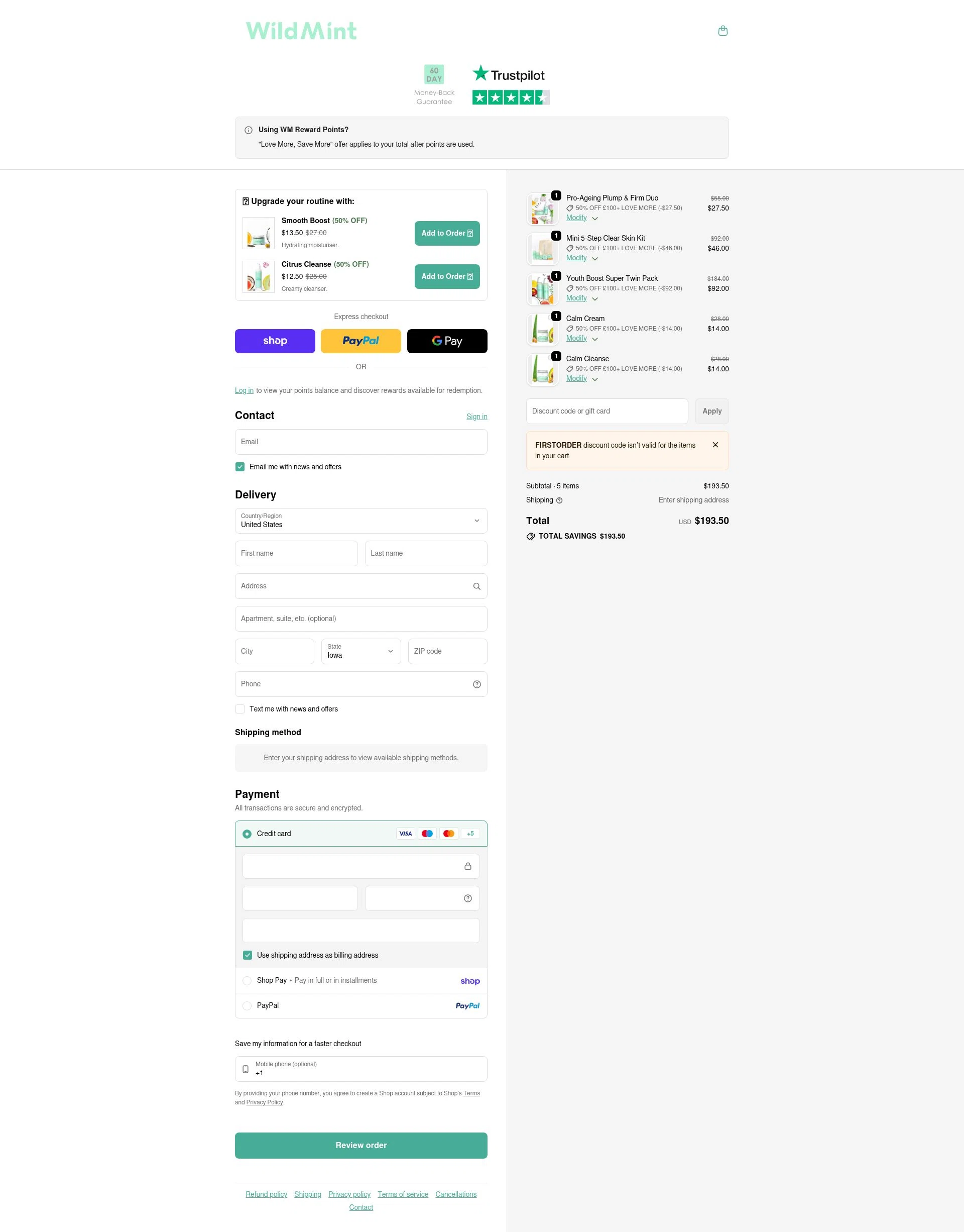 Wild Mint Cosmetics checkout page showing Wild Mint Cosmetics discount code box | Screenshot taken by SimplyCodes community member on Feb 9, 2026