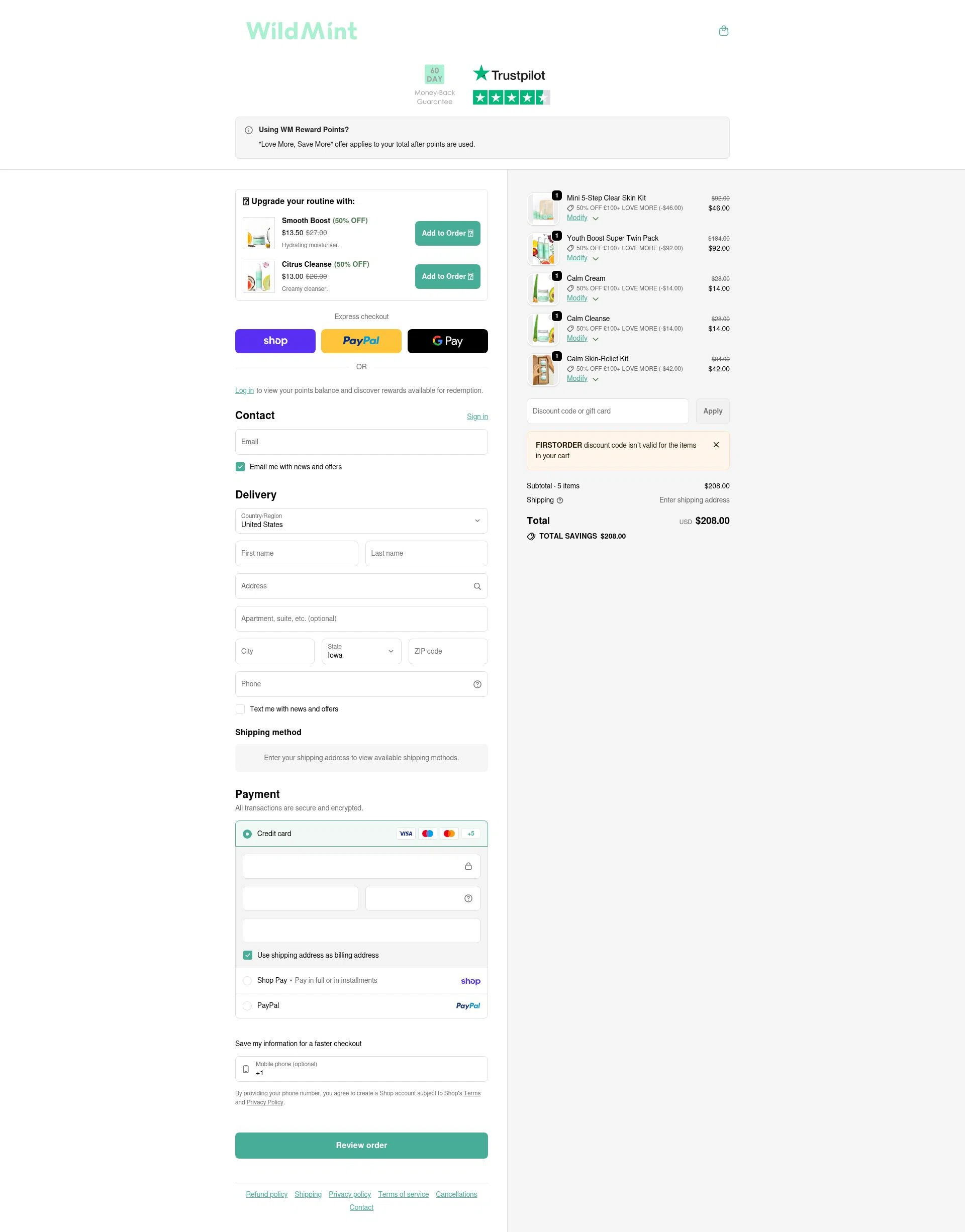 Wild Mint Cosmetics checkout page showing Wild Mint Cosmetics discount code box | Screenshot taken by SimplyCodes community member on Feb 4, 2026