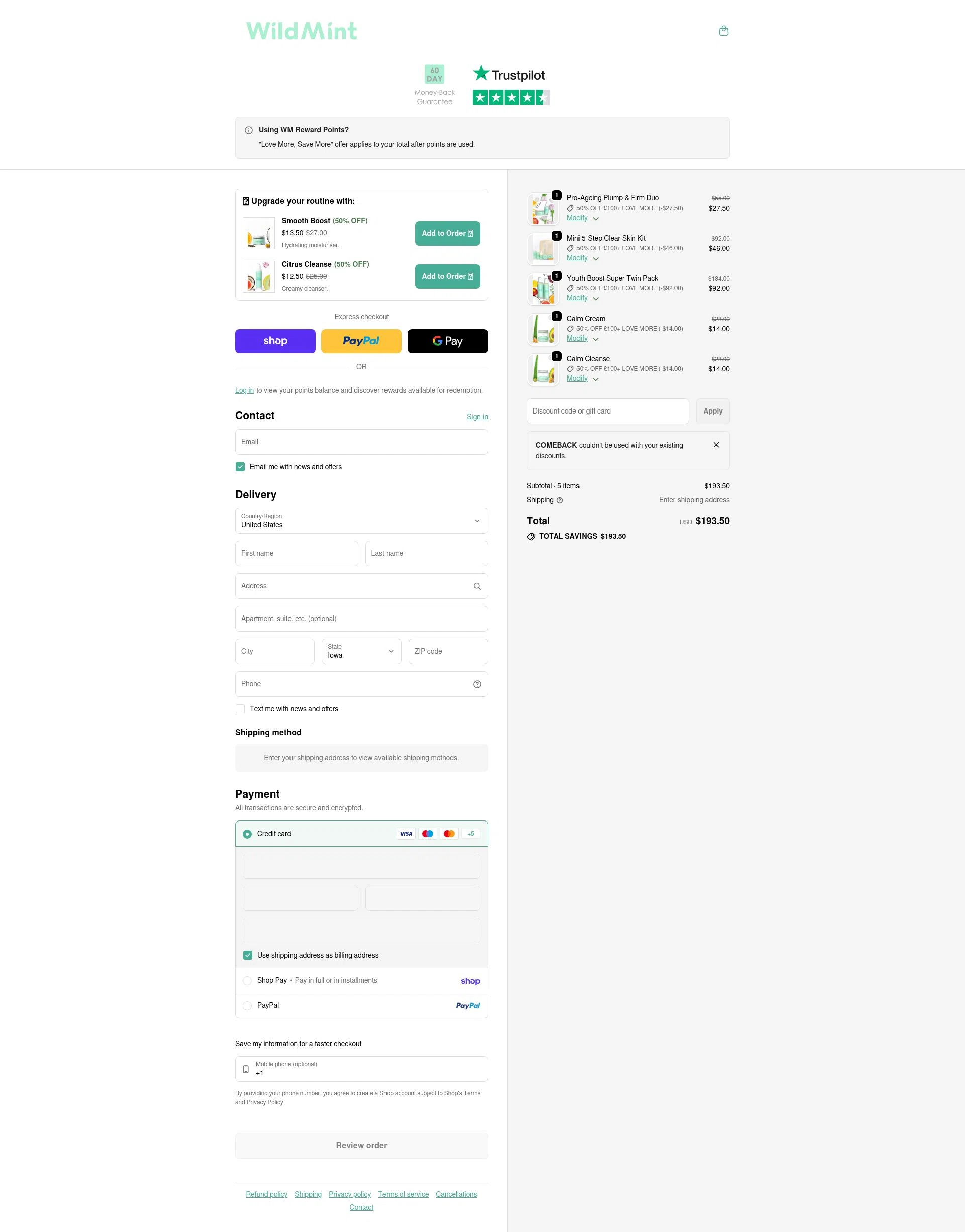 Wild Mint Cosmetics checkout page showing Wild Mint Cosmetics discount code box | Screenshot taken by SimplyCodes community member on Feb 9, 2026